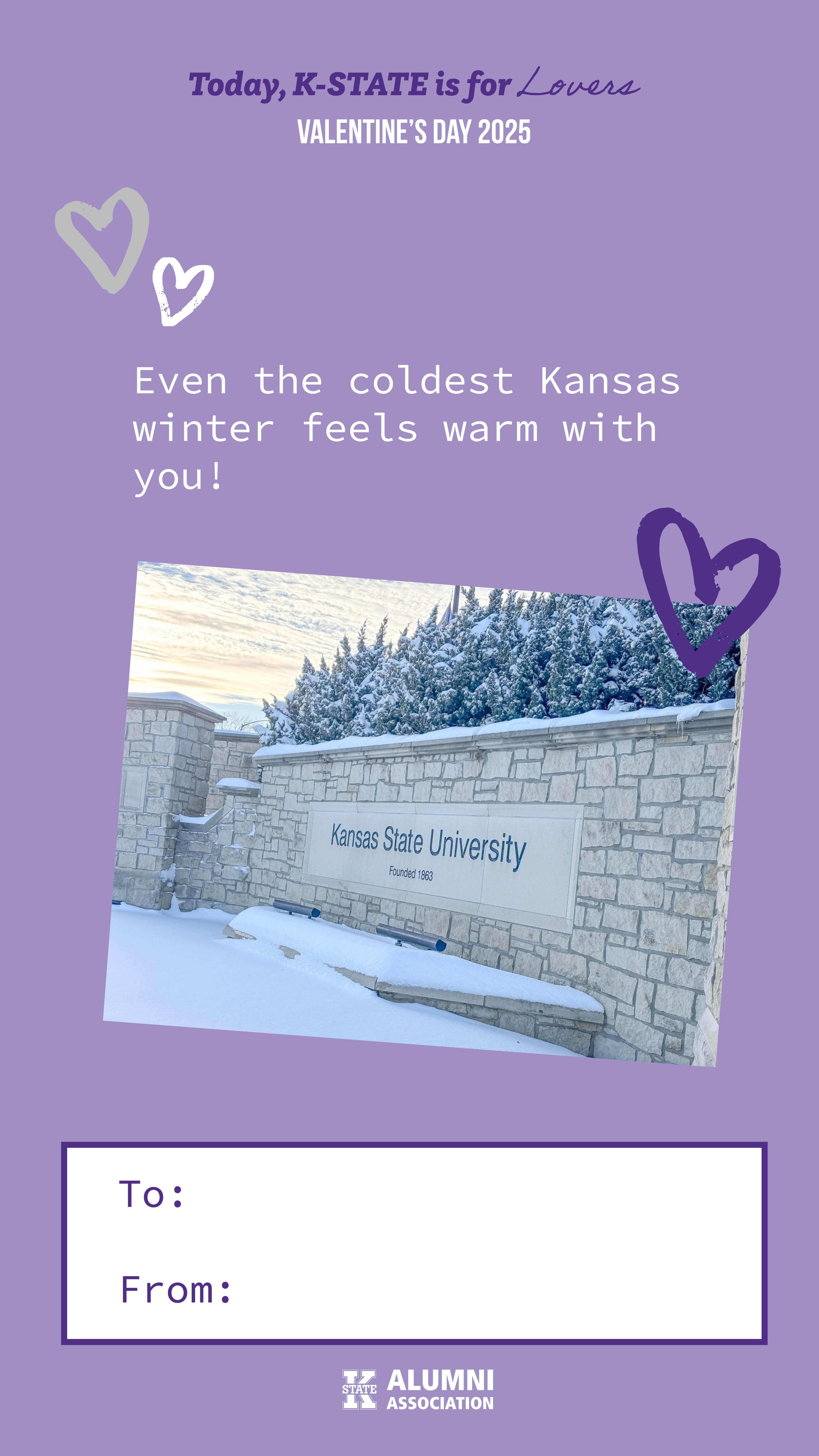 Valentine's card with the Kansas State University sign covered in snow